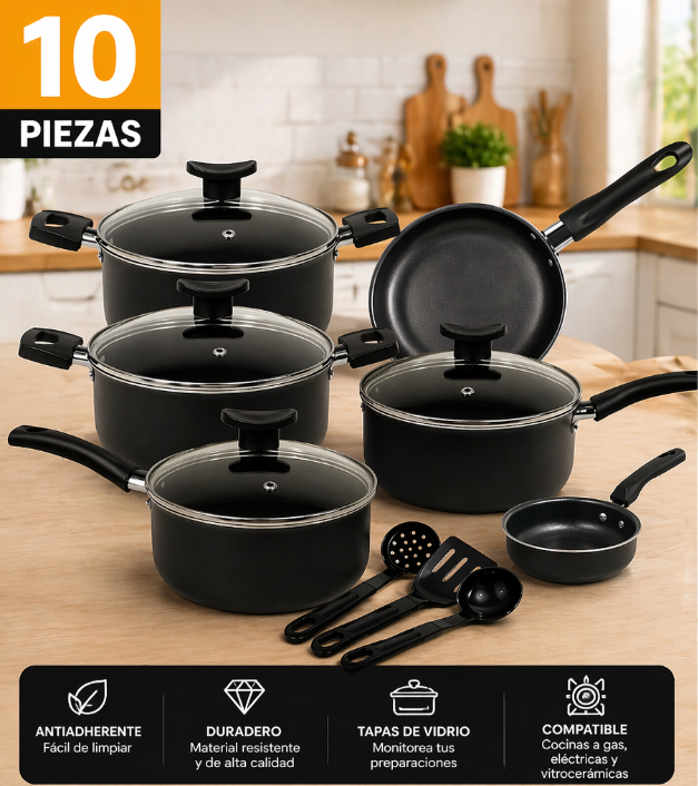 Set de Cocina 10 Piezas Antiadherente con Ollas, Sartén y Tapas de Vidrio