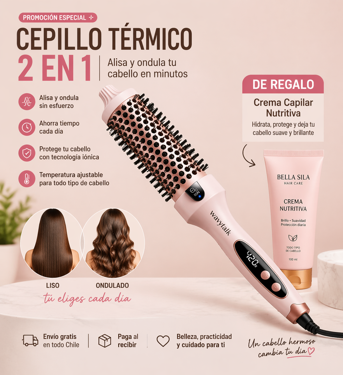 Cepillo Térmico 2 en 1 – Alisa y Ondula tu Cabello en Minutos + REGALO
