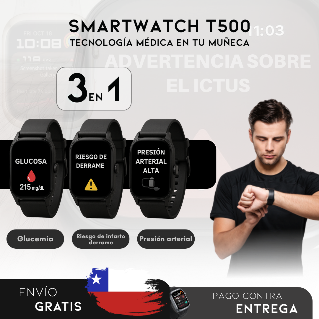 SmartWatch T500 – Monitor Médico 3 en 1 | Menú en español